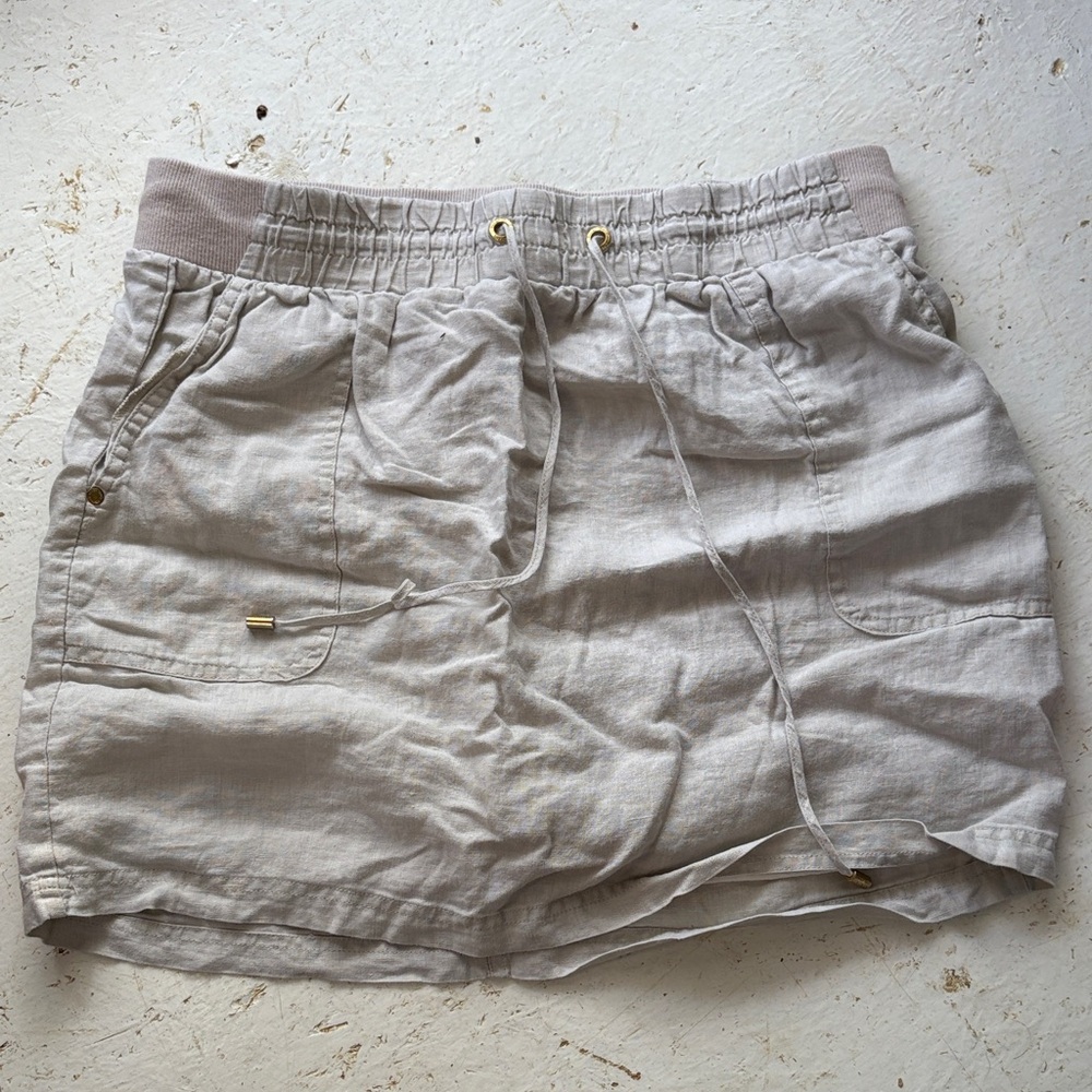 Casual Drawstring Linen Blend Skort in Light Beige
